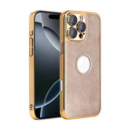 For iPhone 16 Pro Cowhide Texture Electroplated Frame PC + Vegan Leather Phone Case - Beige - EDA009689006C