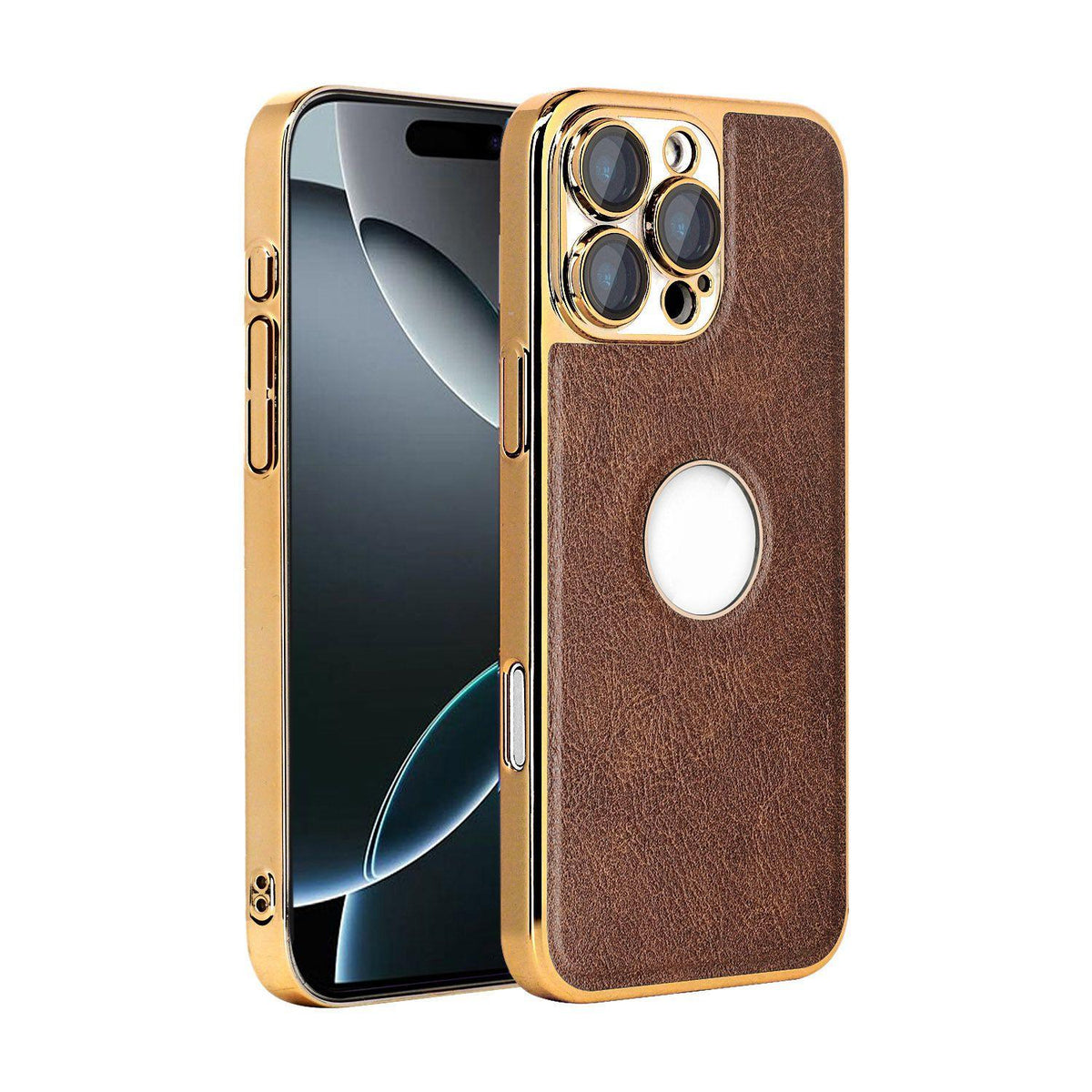 For iPhone 16 Pro Cowhide Texture Electroplated Frame PC + Vegan Leather Phone Case - Brown - EDA009689006D