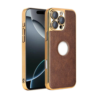 For iPhone 16 Pro Cowhide Texture Electroplated Frame PC + Vegan Leather Phone Case - Brown - EDA009689006D