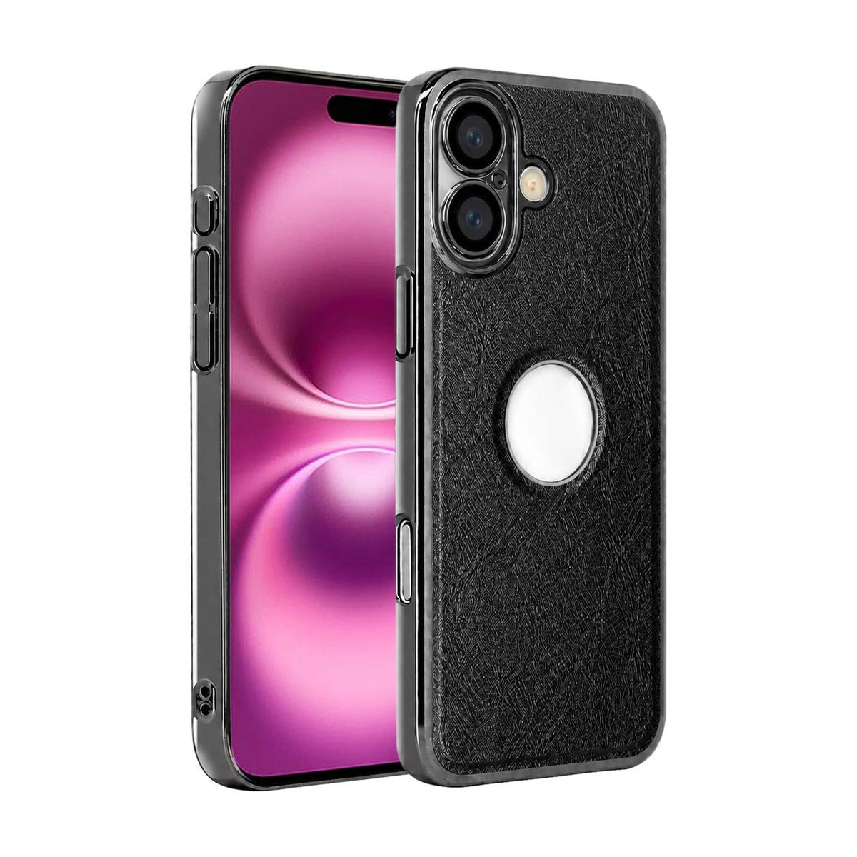 For iPhone 16 Plus Cowhide Texture Electroplated Frame PC + Vegan Leather Phone Case - Black - EDA009689007A