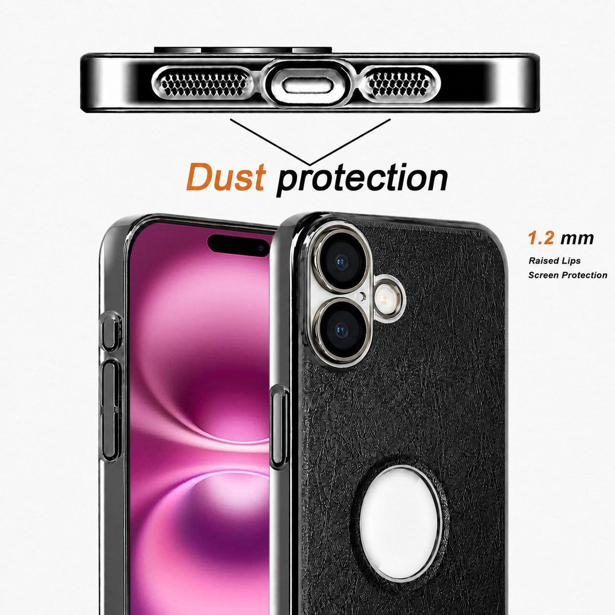 For iPhone 16 Plus Cowhide Texture Electroplated Frame PC + Vegan Leather Phone Case - Black - EDA009689007A