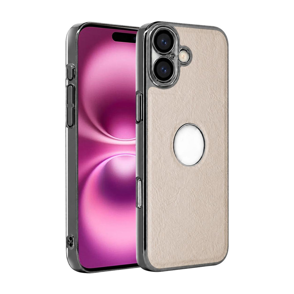 For iPhone 16 Plus Cowhide Texture Electroplated Frame PC + Vegan Leather Phone Case - White - EDA009689007B