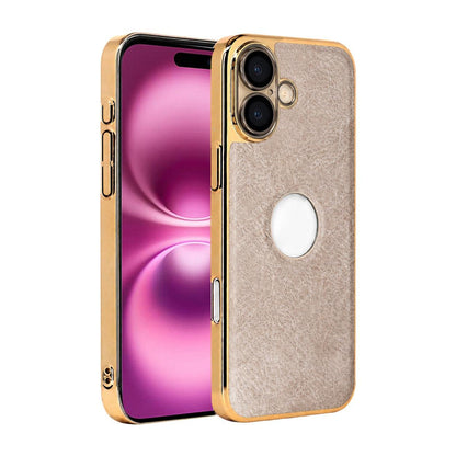 For iPhone 16 Plus Cowhide Texture Electroplated Frame PC + Vegan Leather Phone Case - Beige - EDA009689007C