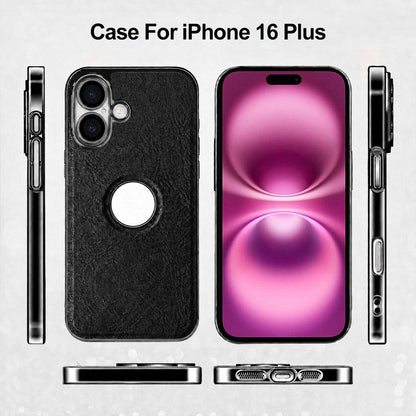 For iPhone 16 Plus Cowhide Texture Electroplated Frame PC + Vegan Leather Phone Case - Beige - EDA009689007C