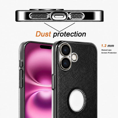 For iPhone 16 Plus Cowhide Texture Electroplated Frame PC + Vegan Leather Phone Case - Beige - EDA009689007C