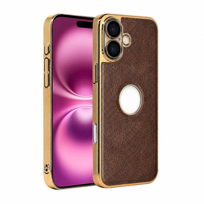 For iPhone 16 Plus Cowhide Texture Electroplated Frame PC + Vegan Leather Phone Case - Brown - EDA009689007D
