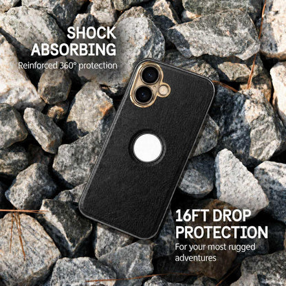 For iPhone 16 Plus Cowhide Texture Electroplated Frame PC + Vegan Leather Phone Case - Brown - EDA009689007D