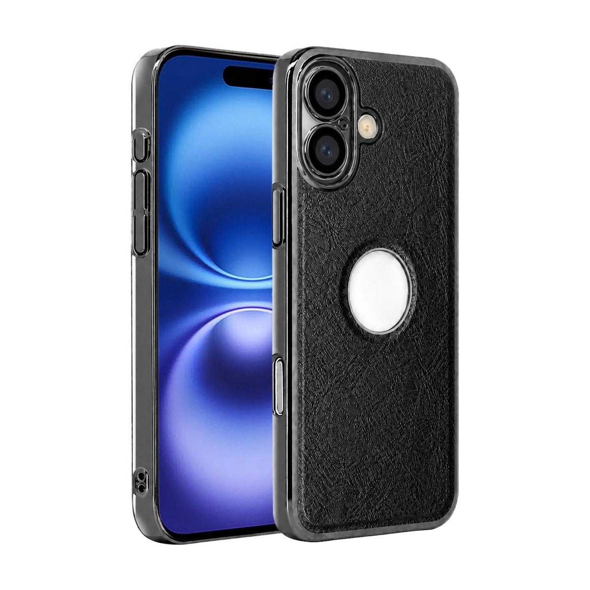 For iPhone 16 Cowhide Texture Electroplated Frame PC + Vegan Leather Phone Case - Black - EDA009689008A
