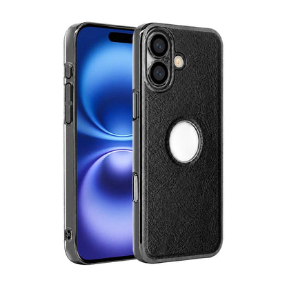 For iPhone 16 Cowhide Texture Electroplated Frame PC + Vegan Leather Phone Case - Black - EDA009689008A