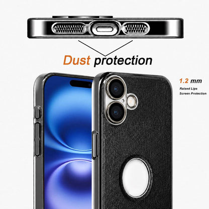 For iPhone 16 Cowhide Texture Electroplated Frame PC + Vegan Leather Phone Case - Black - EDA009689008A