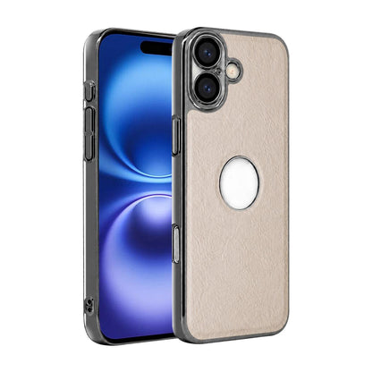For iPhone 16 Cowhide Texture Electroplated Frame PC + Vegan Leather Phone Case - White - EDA009689008B