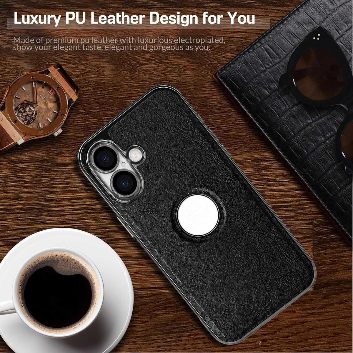 For iPhone 16 Cowhide Texture Electroplated Frame PC + Vegan Leather Phone Case - White - EDA009689008B