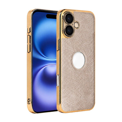 For iPhone 16 Cowhide Texture Electroplated Frame PC + Vegan Leather Phone Case - Beige - EDA009689008C