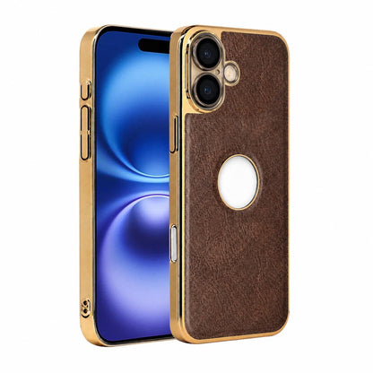 For iPhone 16 Cowhide Texture Electroplated Frame PC + Vegan Leather Phone Case - Brown - EDA009689008D