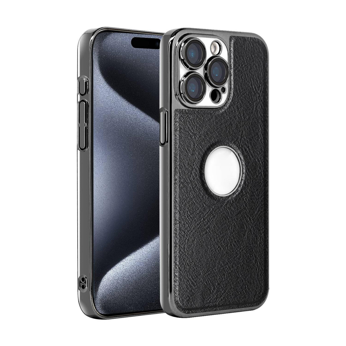 For iPhone 15 Pro Max Cowhide Texture Electroplated Frame PC + Vegan Leather Phone Case - Black - EDA009689009A