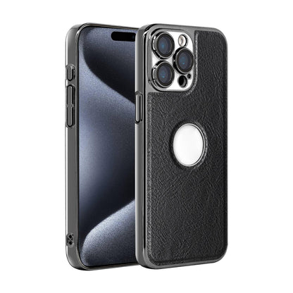 For iPhone 15 Pro Max Cowhide Texture Electroplated Frame PC + Vegan Leather Phone Case - Black - EDA009689009A