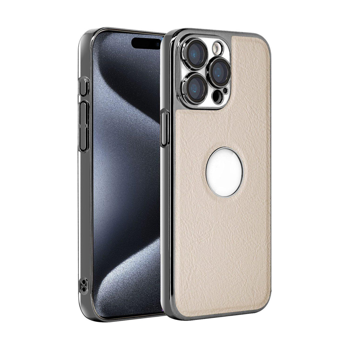 For iPhone 15 Pro Max Cowhide Texture Electroplated Frame PC + Vegan Leather Phone Case - White - EDA009689009B