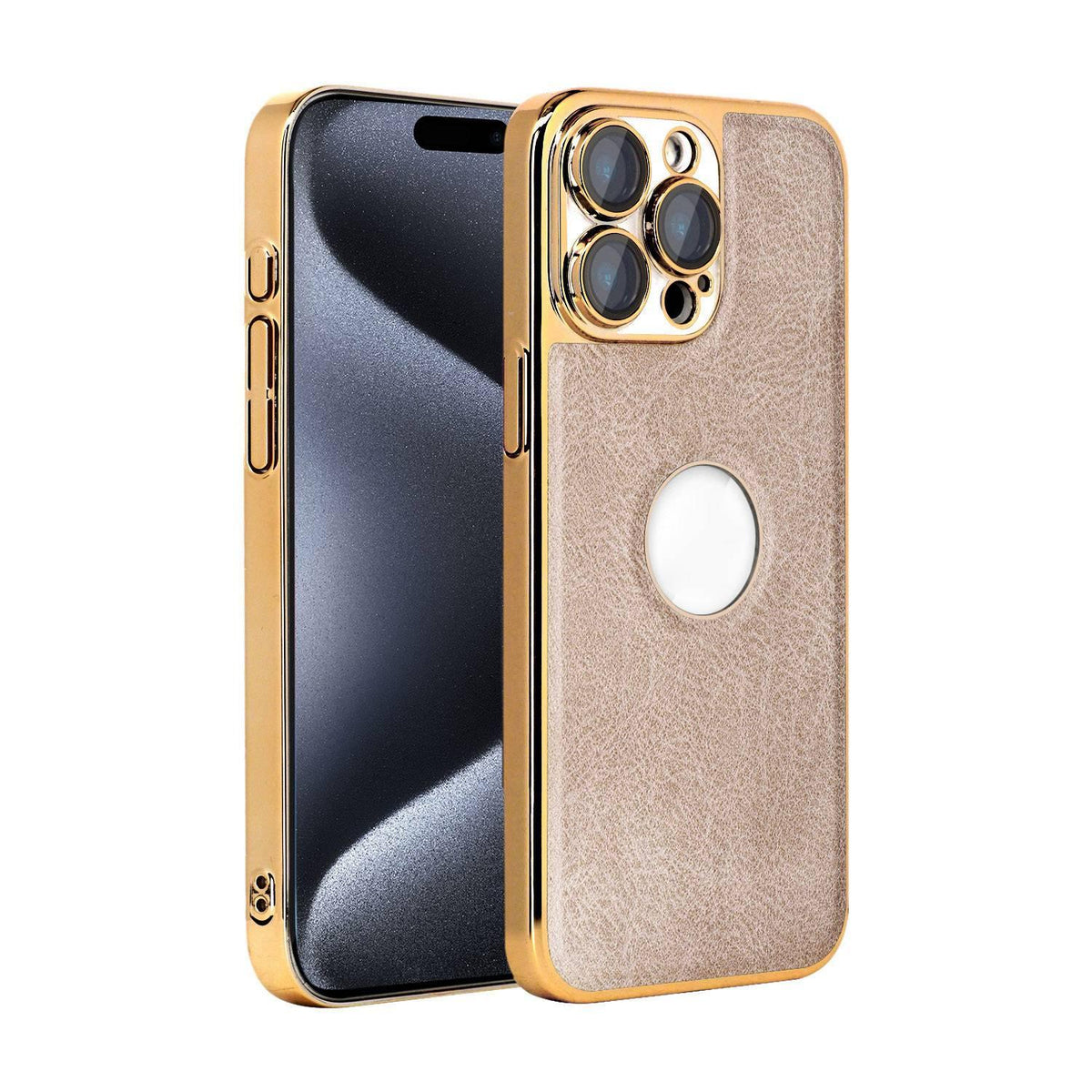 For iPhone 15 Pro Max Cowhide Texture Electroplated Frame PC + Vegan Leather Phone Case - Beige - EDA009689009C