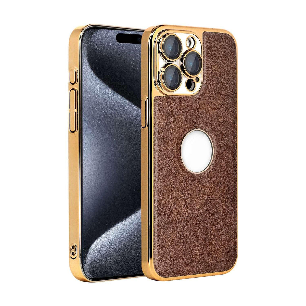 For iPhone 15 Pro Max Cowhide Texture Electroplated Frame PC + Vegan Leather Phone Case - Brown - EDA009689009D