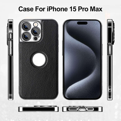 For iPhone 15 Pro Max Cowhide Texture Electroplated Frame PC + Vegan Leather Phone Case - Brown - EDA009689009D