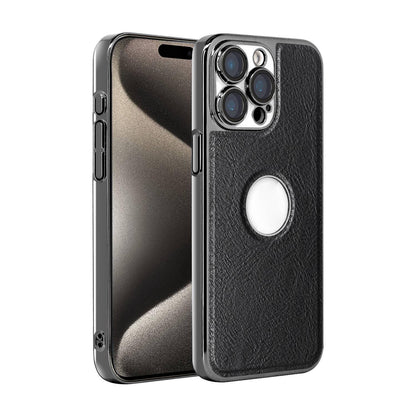 For iPhone 15 Pro Cowhide Texture Electroplated Frame PC + Vegan Leather Phone Case - Black - EDA009689010A