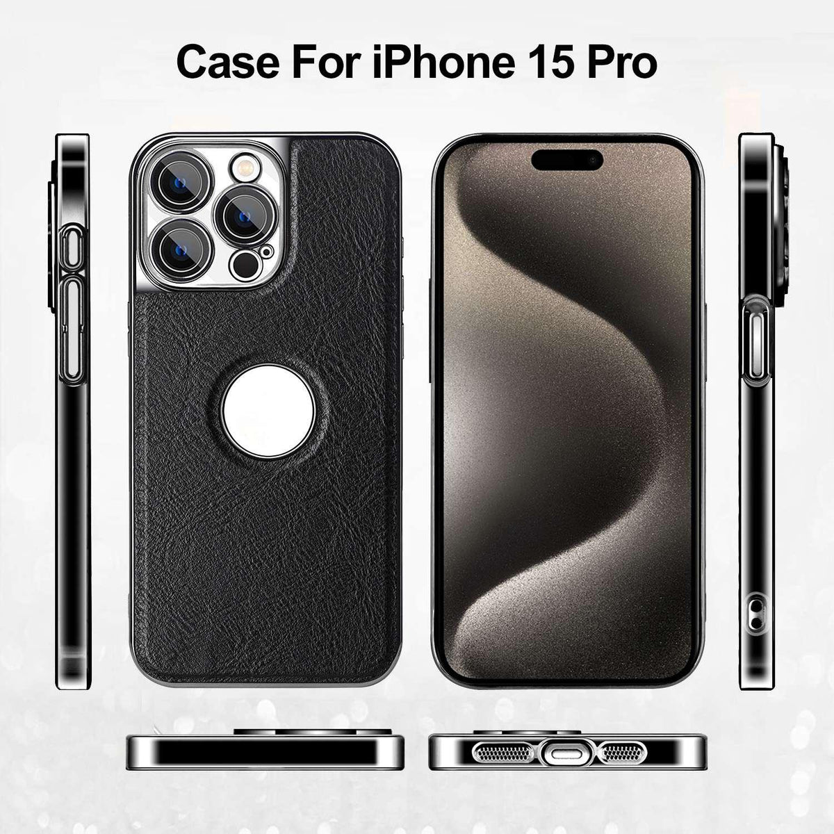 For iPhone 15 Pro Cowhide Texture Electroplated Frame PC + Vegan Leather Phone Case - Black - EDA009689010A