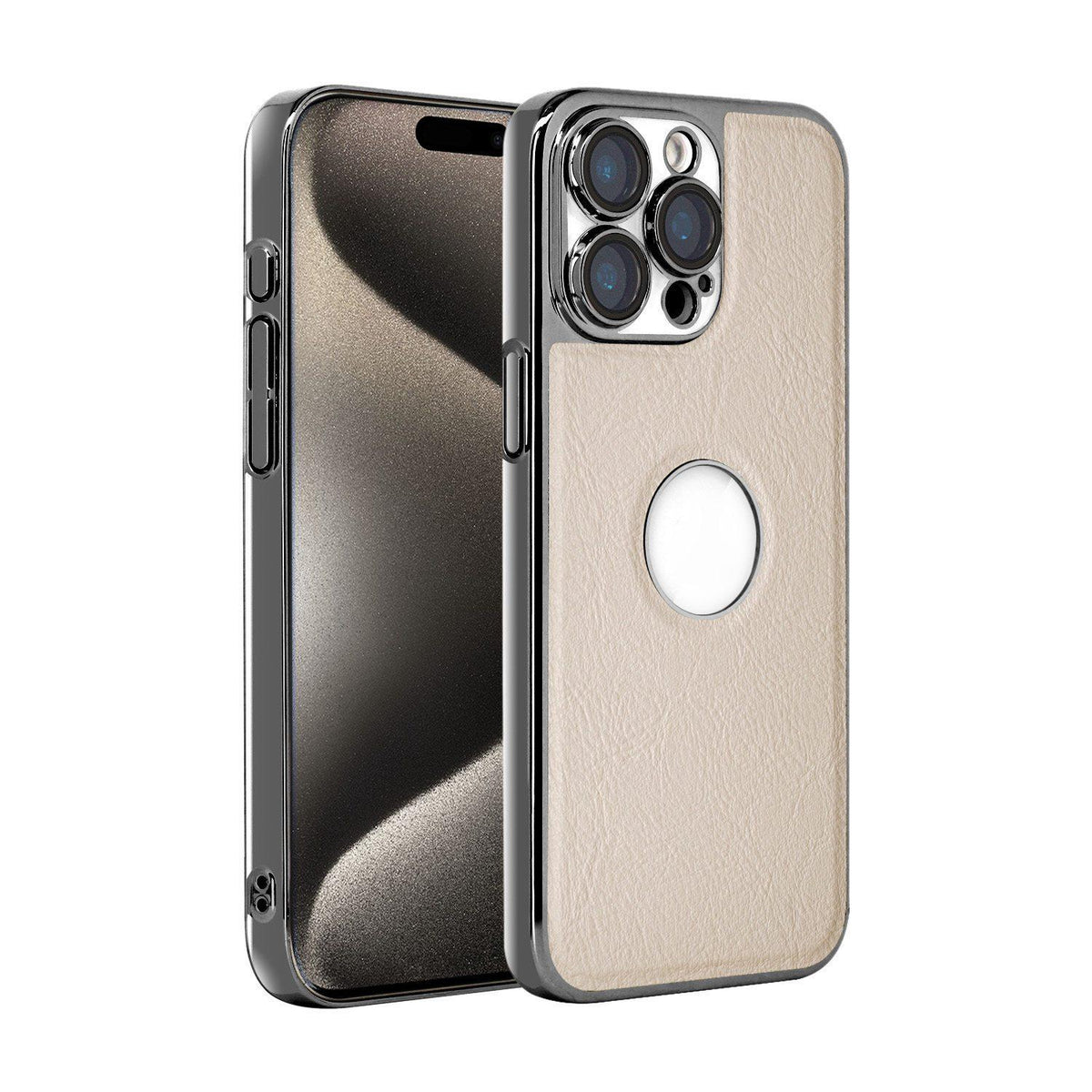 For iPhone 15 Pro Cowhide Texture Electroplated Frame PC + Vegan Leather Phone Case - White - EDA009689010B