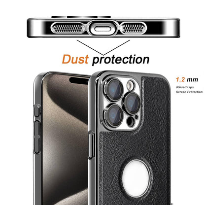 For iPhone 15 Pro Cowhide Texture Electroplated Frame PC + Vegan Leather Phone Case - White - EDA009689010B