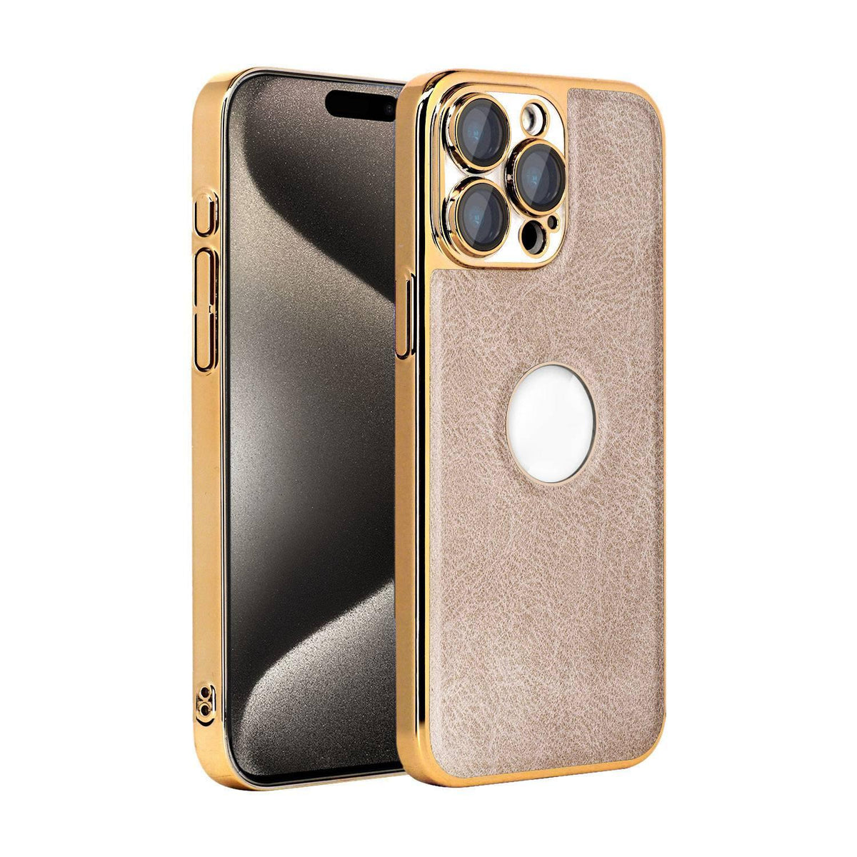 For iPhone 15 Pro Cowhide Texture Electroplated Frame PC + Vegan Leather Phone Case - Beige - EDA009689010C