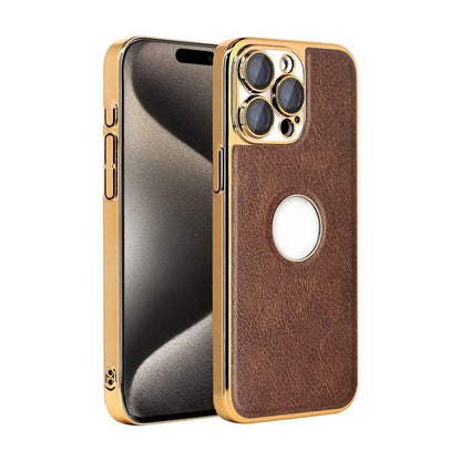 For iPhone 15 Pro Cowhide Texture Electroplated Frame PC + Vegan Leather Phone Case - Brown - EDA009689010D