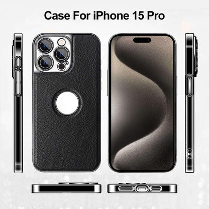 For iPhone 15 Pro Cowhide Texture Electroplated Frame PC + Vegan Leather Phone Case - Brown - EDA009689010D