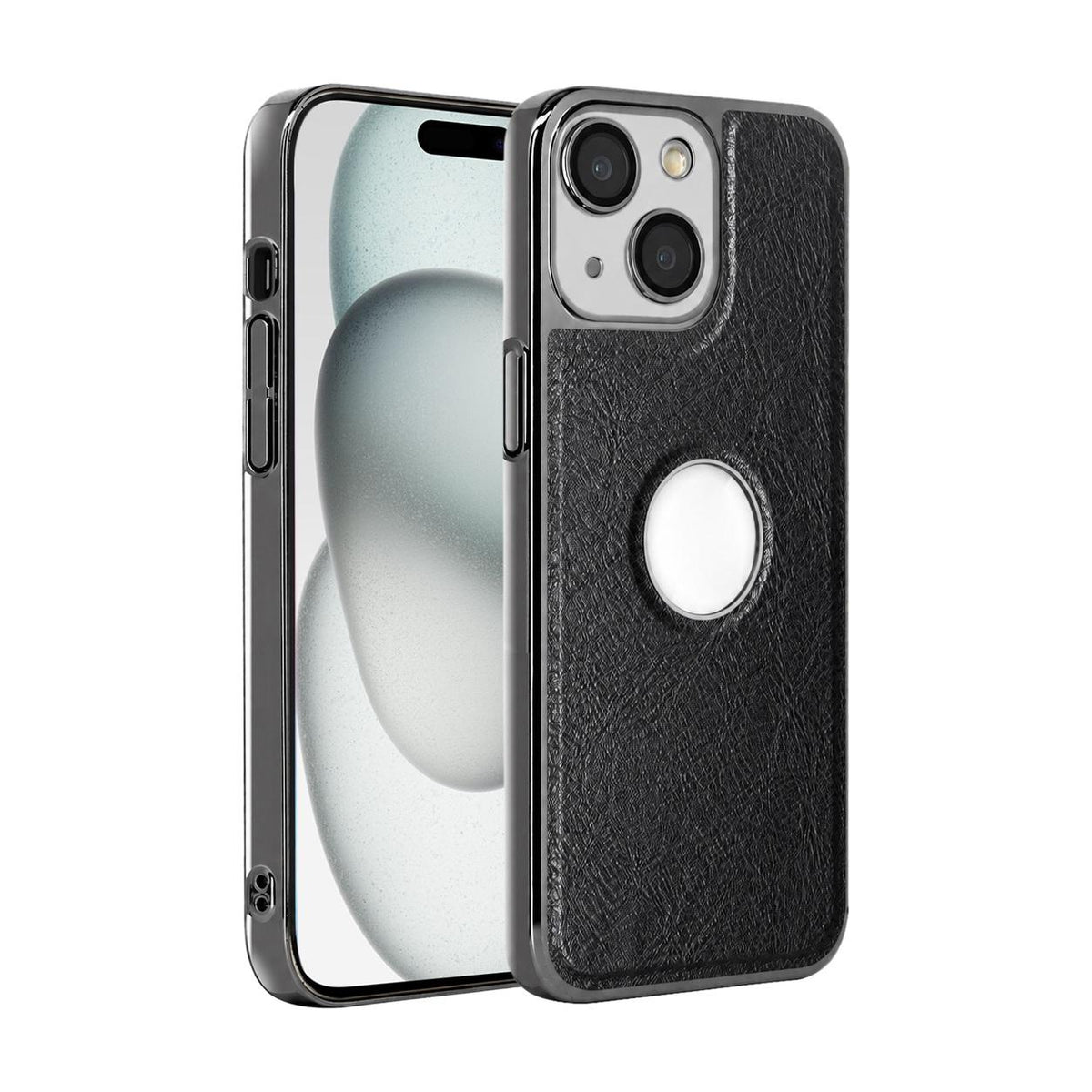For iPhone 15 Plus Cowhide Texture Electroplated Frame PC + Vegan Leather Phone Case - Black - EDA009689011A
