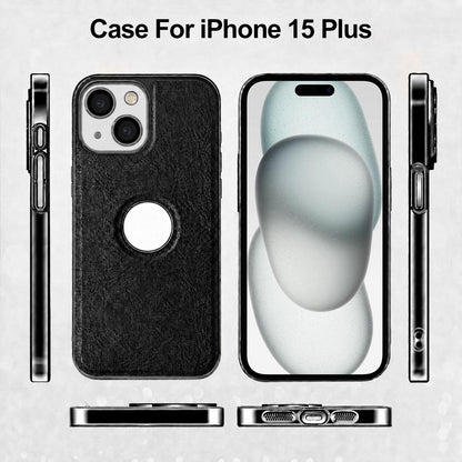For iPhone 15 Plus Cowhide Texture Electroplated Frame PC + Vegan Leather Phone Case - Black - EDA009689011A