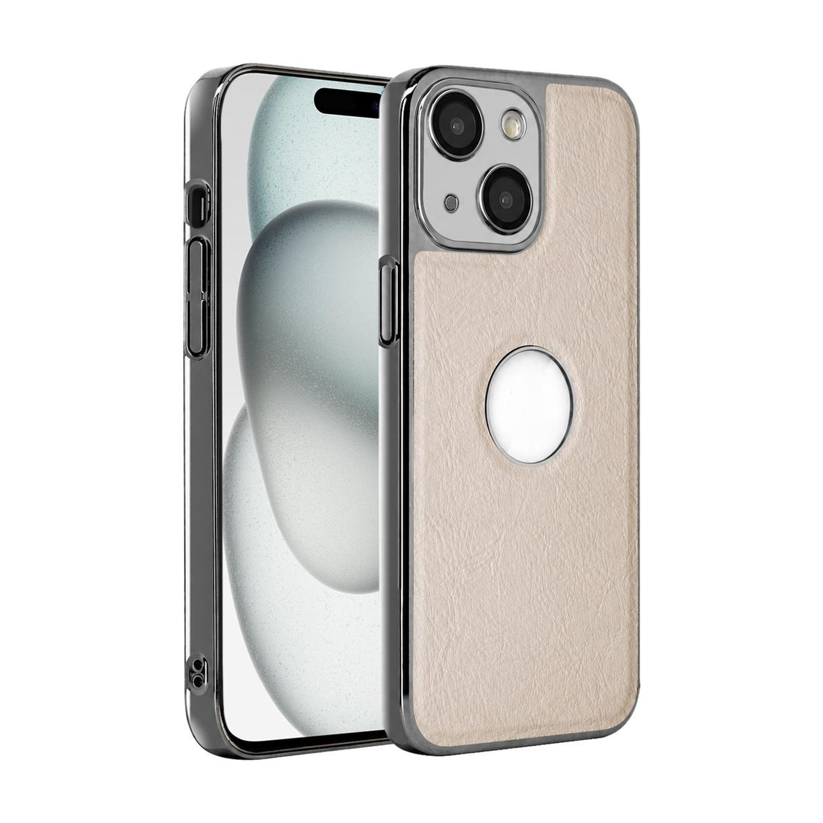 For iPhone 15 Plus Cowhide Texture Electroplated Frame PC + Vegan Leather Phone Case - White - EDA009689011B