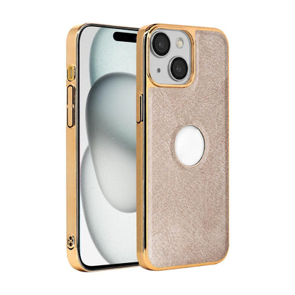 For iPhone 15 Plus Cowhide Texture Electroplated Frame PC + Vegan Leather Phone Case - Beige - EDA009689011C