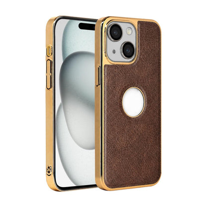 For iPhone 15 Plus Cowhide Texture Electroplated Frame PC + Vegan Leather Phone Case - Brown - EDA009689011D