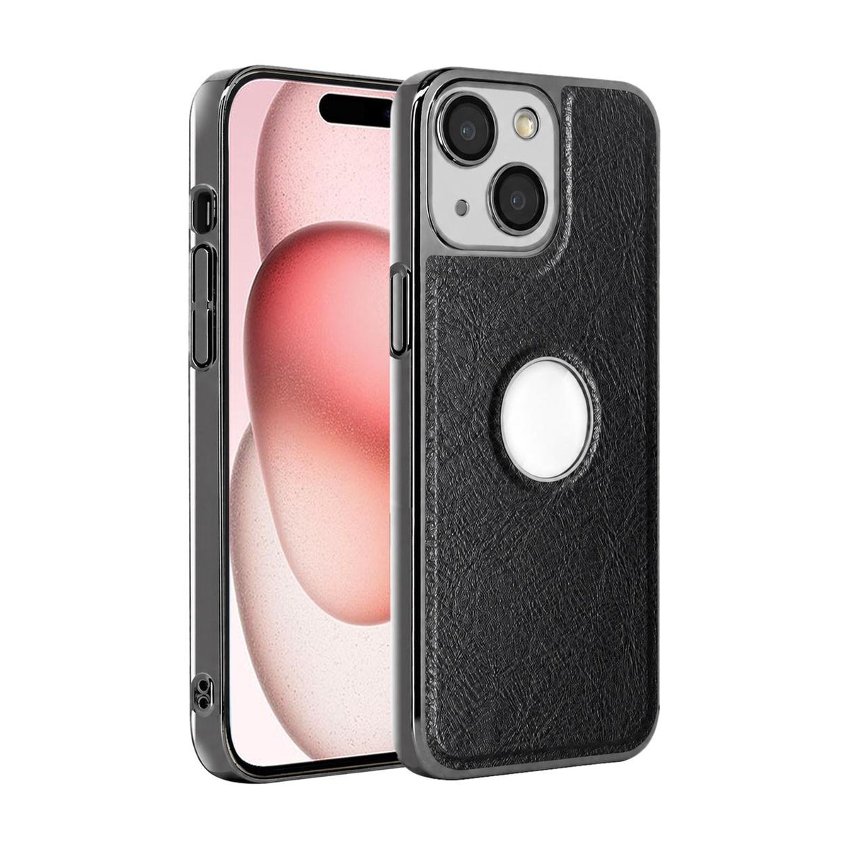 For iPhone 15 Cowhide Texture Electroplated Frame PC + Vegan Leather Phone Case - Black - EDA009689012A