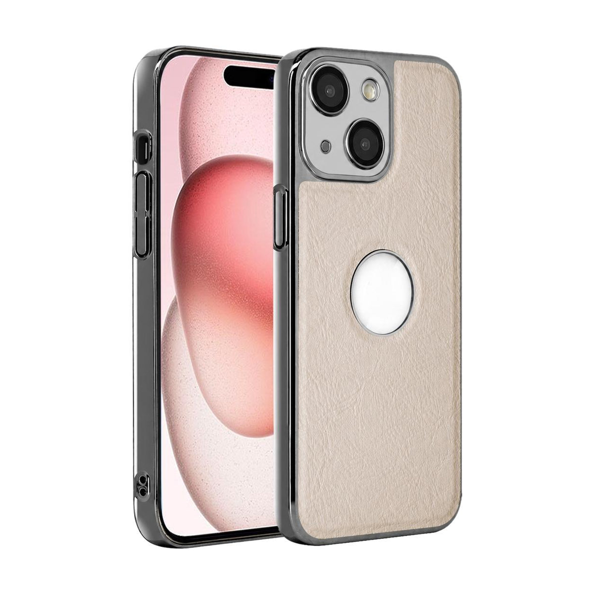 For iPhone 15 Cowhide Texture Electroplated Frame PC + Vegan Leather Phone Case - White - EDA009689012B