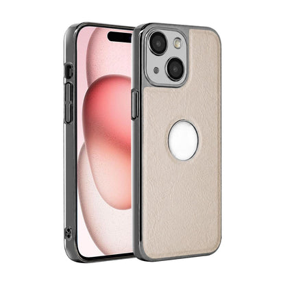 For iPhone 15 Cowhide Texture Electroplated Frame PC + Vegan Leather Phone Case - White - EDA009689012B