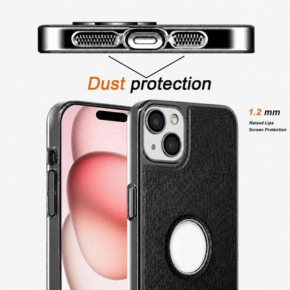 For iPhone 15 Cowhide Texture Electroplated Frame PC + Vegan Leather Phone Case - White - EDA009689012B