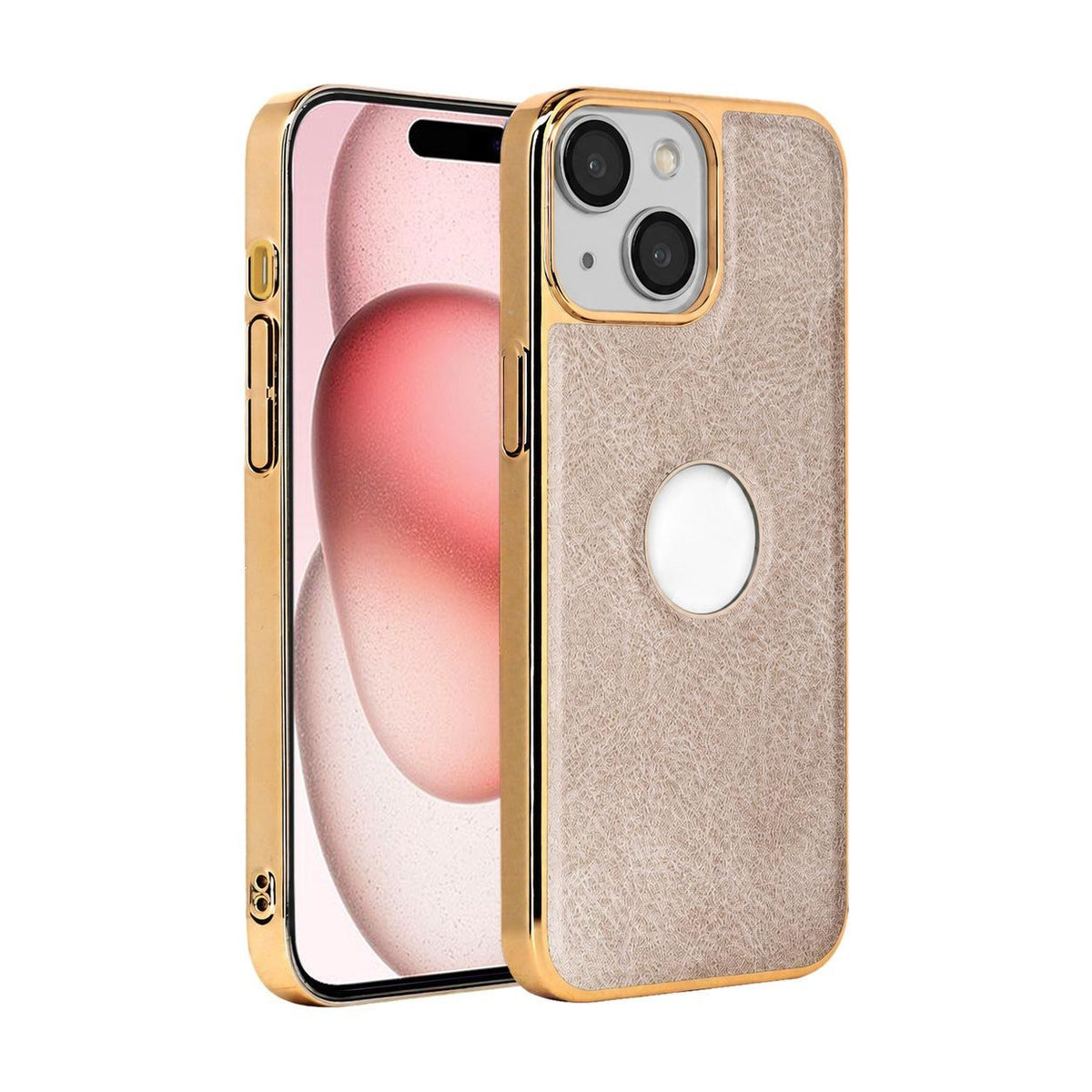 For iPhone 15 Cowhide Texture Electroplated Frame PC + Vegan Leather Phone Case - Beige - EDA009689012C