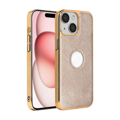 For iPhone 15 Cowhide Texture Electroplated Frame PC + Vegan Leather Phone Case - Beige - EDA009689012C