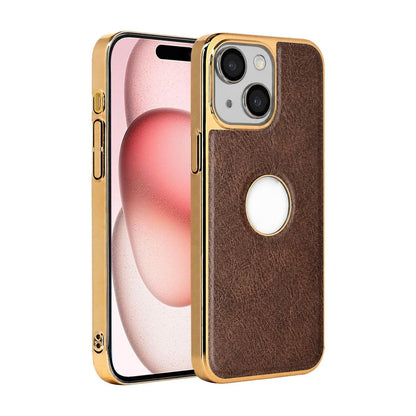For iPhone 15 Cowhide Texture Electroplated Frame PC + Vegan Leather Phone Case - Brown - EDA009689012D