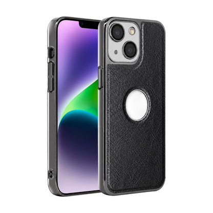 For iPhone 14 Plus Cowhide Texture Electroplated Frame PC + Vegan Leather Phone Case - Black - EDA009689013A