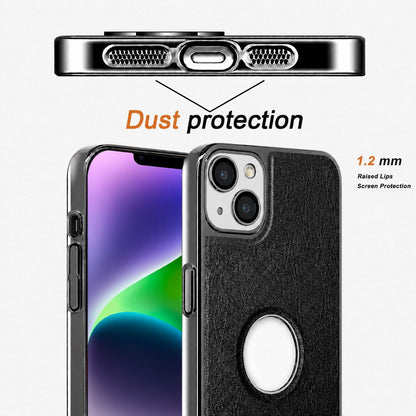 For iPhone 14 Plus Cowhide Texture Electroplated Frame PC + Vegan Leather Phone Case - Black - EDA009689013A