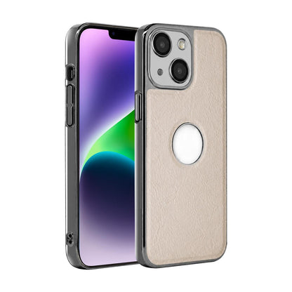 For iPhone 14 Plus Cowhide Texture Electroplated Frame PC + Vegan Leather Phone Case - White - EDA009689013B