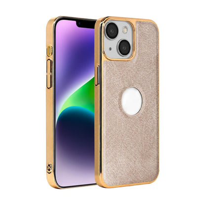 For iPhone 14 Plus Cowhide Texture Electroplated Frame PC + Vegan Leather Phone Case - Beige - EDA009689013C