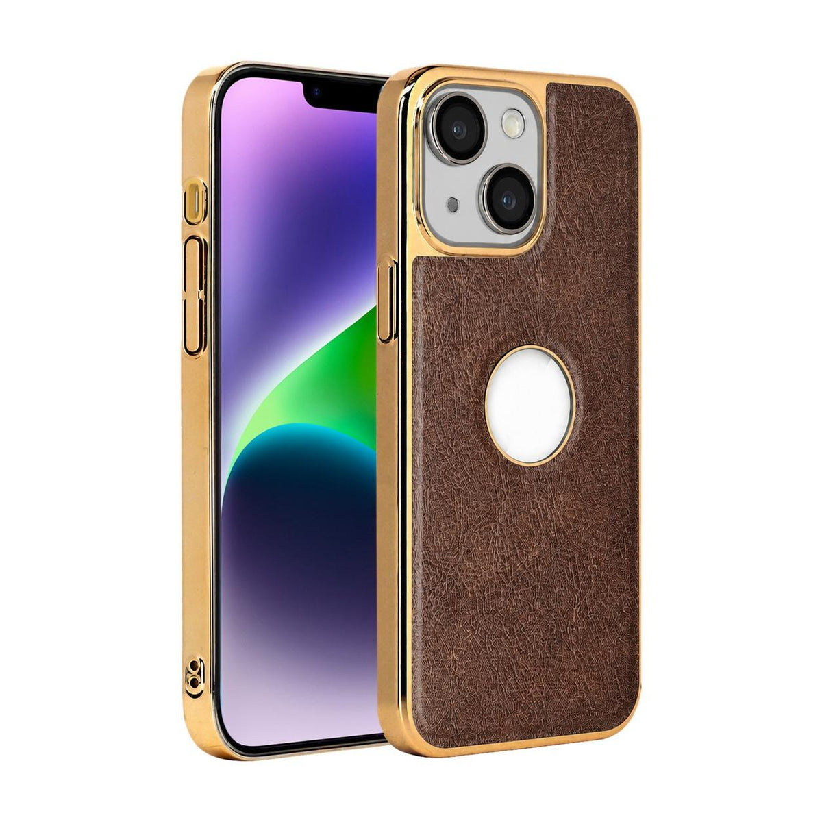 For iPhone 14 Plus Cowhide Texture Electroplated Frame PC + Vegan Leather Phone Case - Brown - EDA009689013D