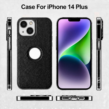 For iPhone 14 Plus Cowhide Texture Electroplated Frame PC + Vegan Leather Phone Case - Brown - EDA009689013D