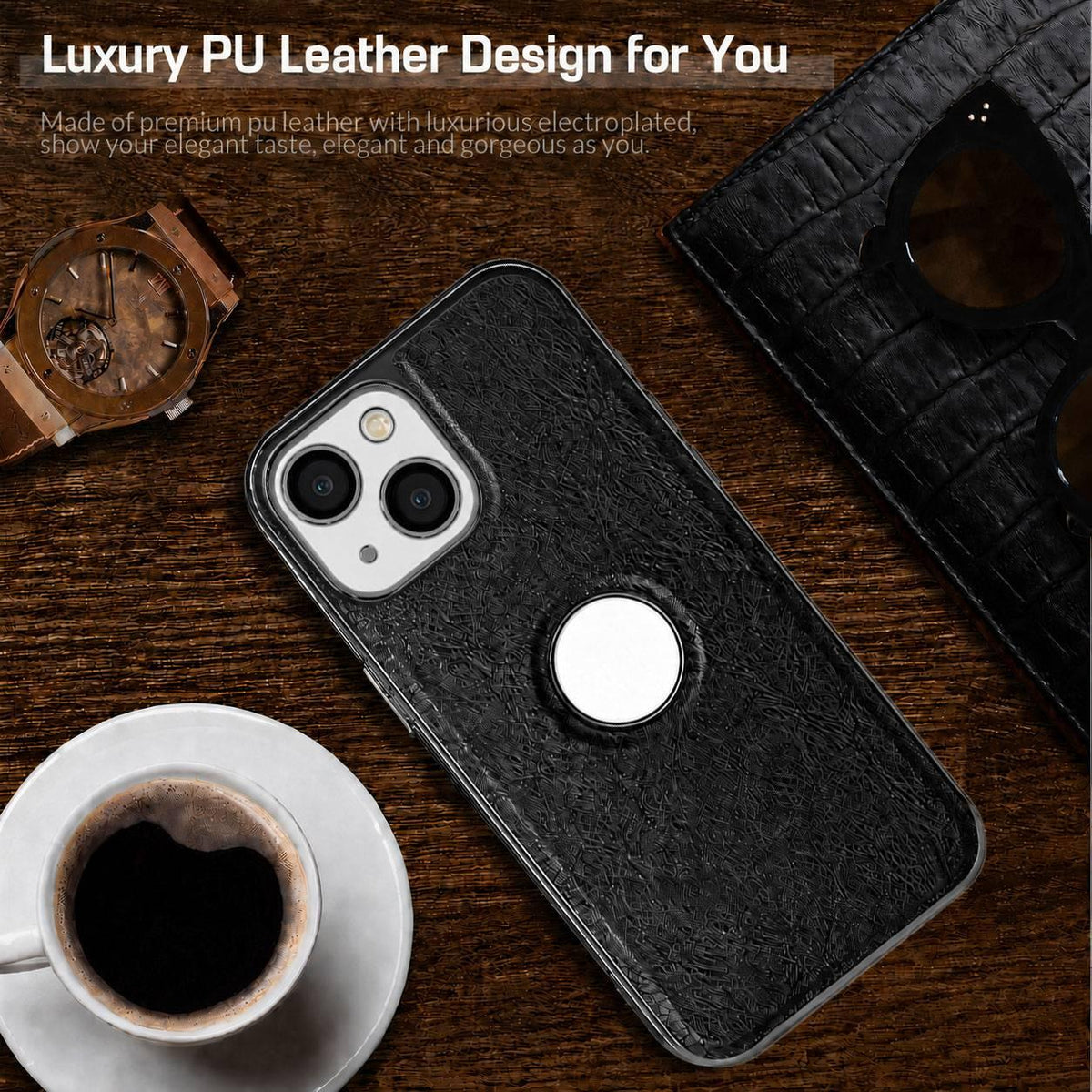For iPhone 14 Plus Cowhide Texture Electroplated Frame PC + Vegan Leather Phone Case - Brown - EDA009689013D